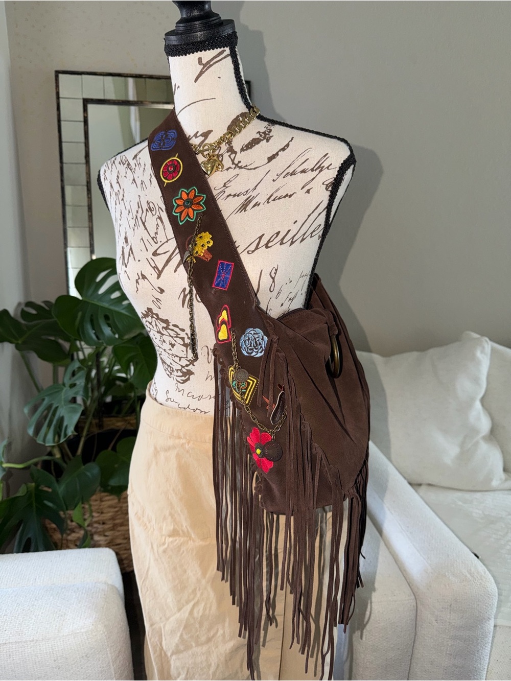 Boho Hobo Fringe Crossbody Bag with Embroidered Strap